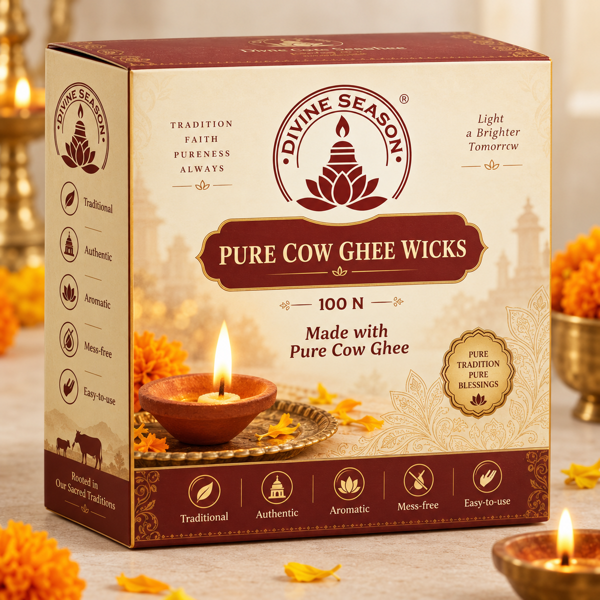 Pure Cow Ghee Wicks – 100 Pcs | Ready-to-Use Diya Wicks for Puja