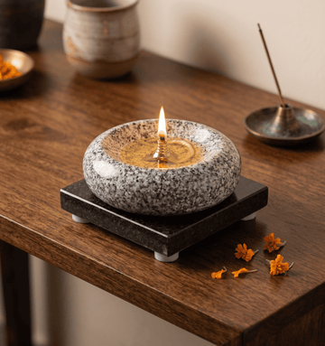 Granite Stone Diya with Brass Wick Holder