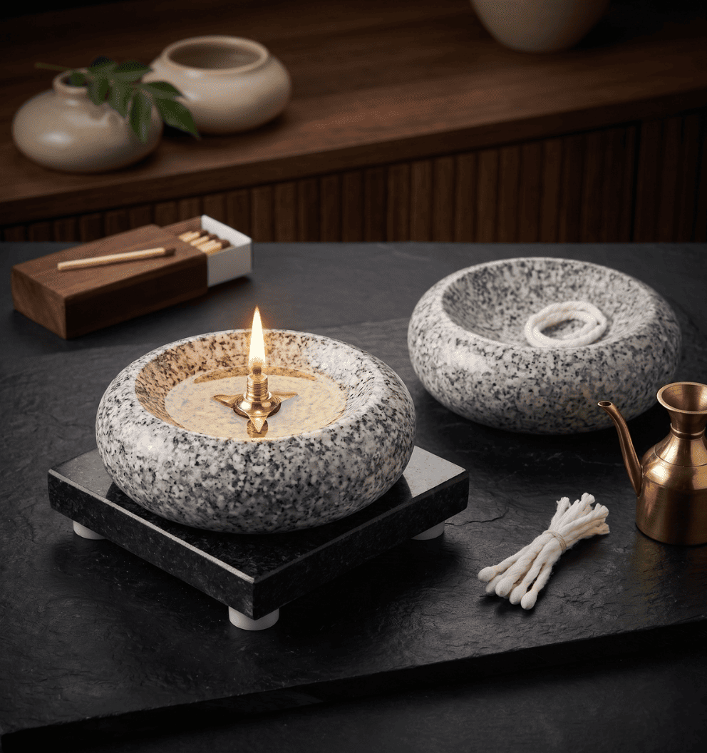 Granite Stone Diya with Brass Wick Holder