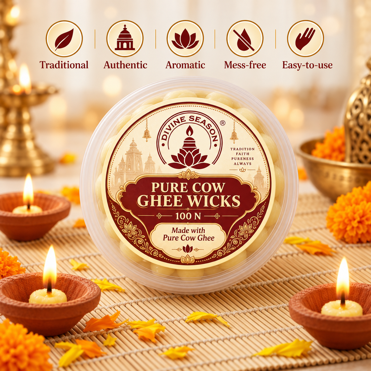 Pure Cow Ghee Wicks – 100 Pcs | Ready-to-Use Diya Wicks for Puja