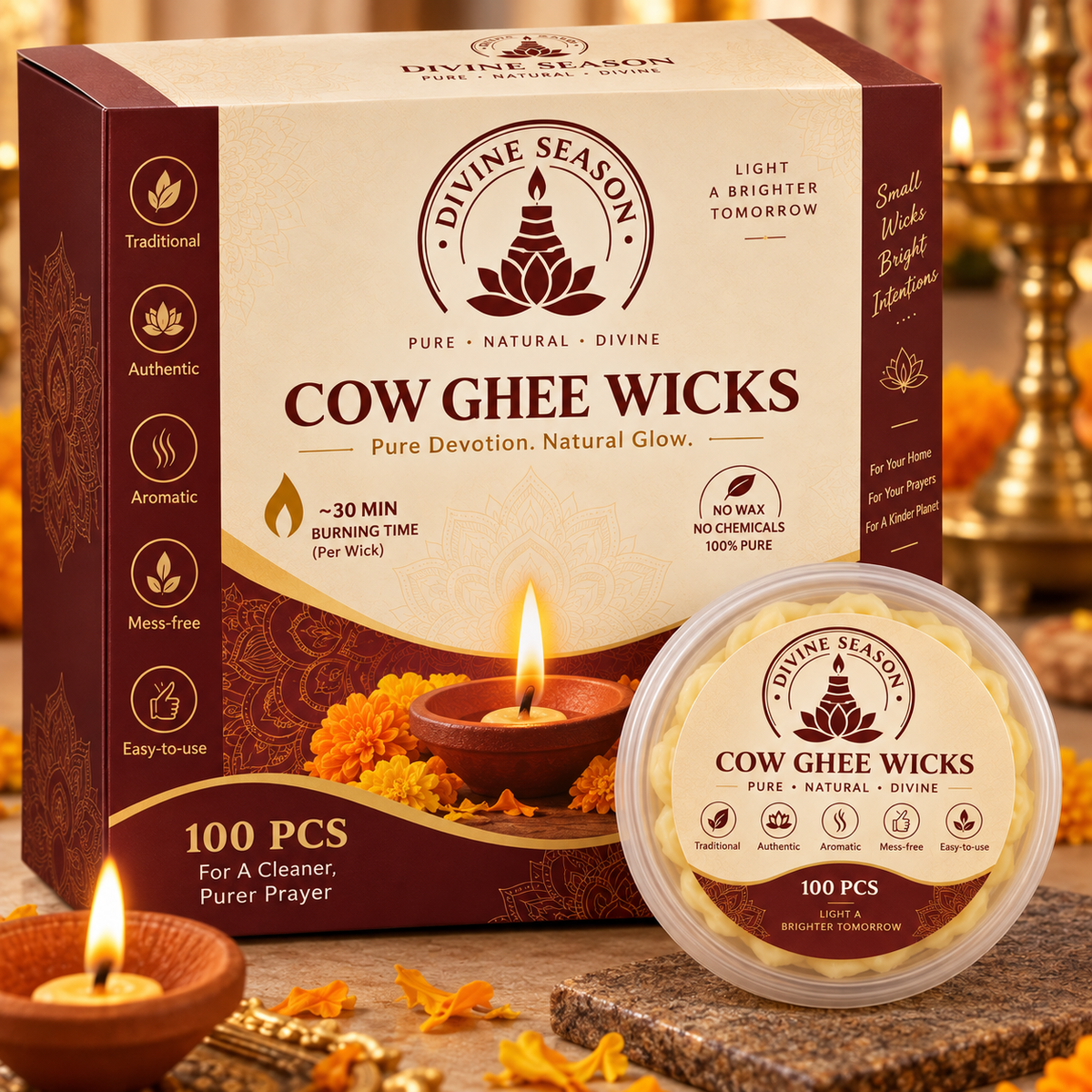 Pure Cow Ghee Wicks – 100 Pcs | Ready-to-Use Diya Wicks for Puja