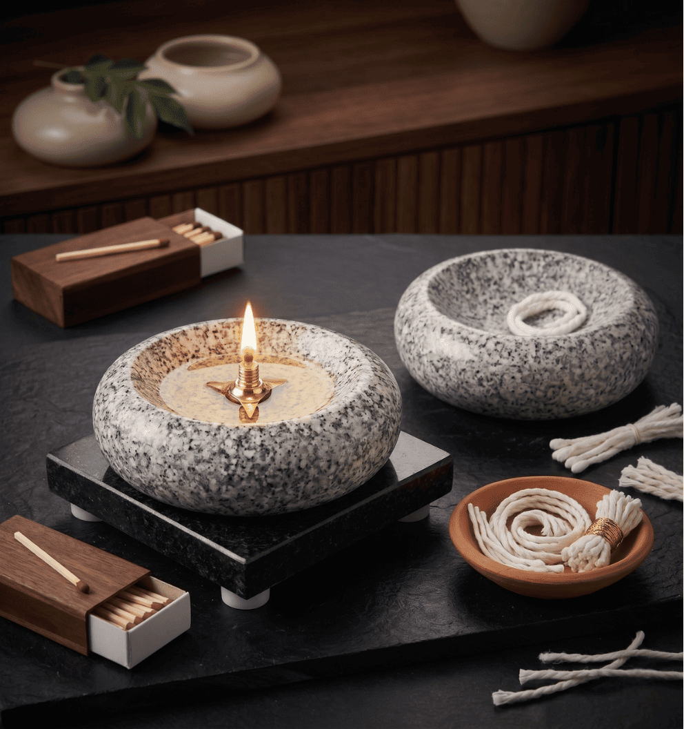 Granite Stone Diya with Brass Wick Holder