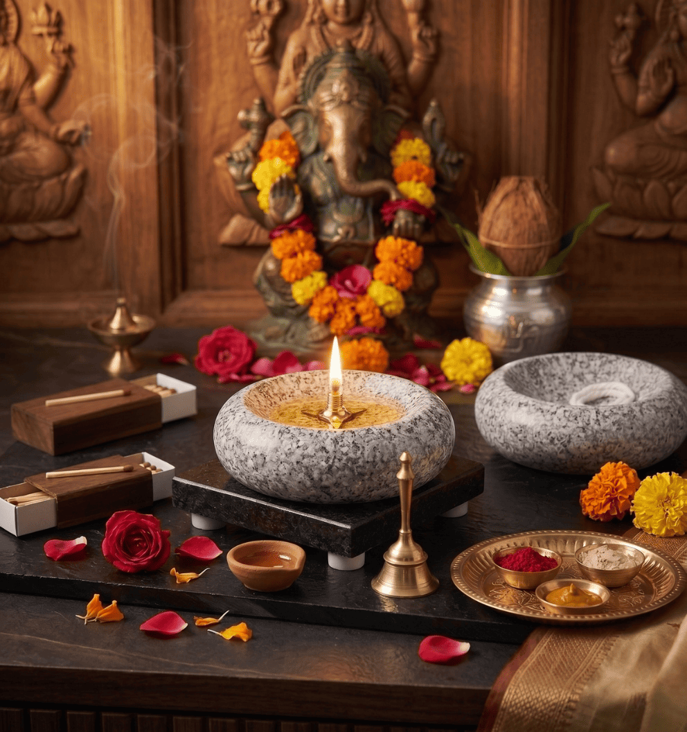 Granite Stone Diya with Brass Wick Holder