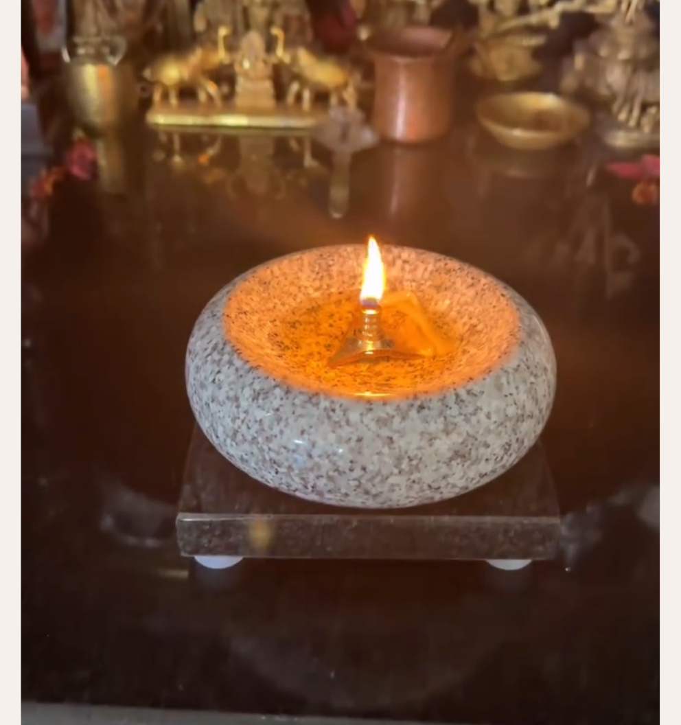Granite Stone Diya with Brass Wick Holder