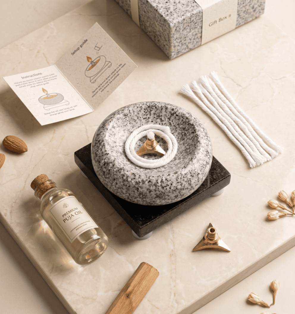 Granite Stone Diya with Brass Wick Holder
