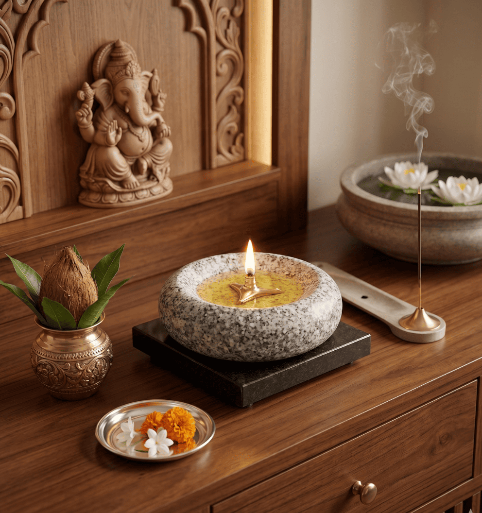 Granite Stone Diya with Brass Wick Holder