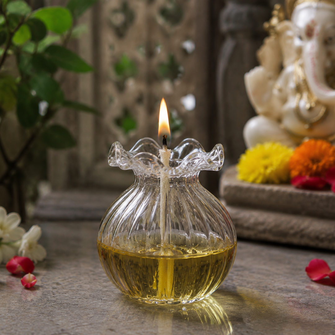 Glass Modak Diya with Cotton Baati (Pack of 2 Diya)