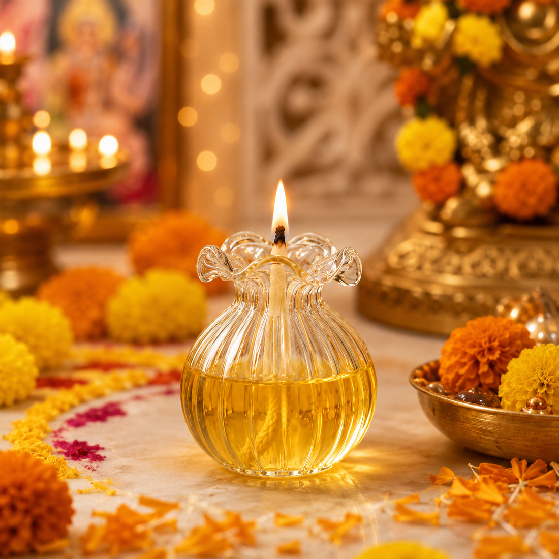 Glass Modak Diya with Cotton Baati (Pack of 2 Diya)