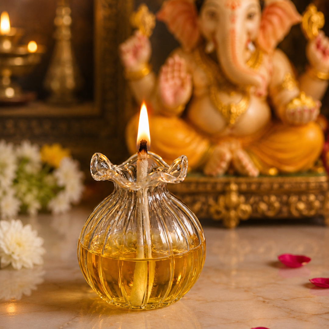 Glass Modak Diya with Cotton Baati (Pack of 2 Diya)