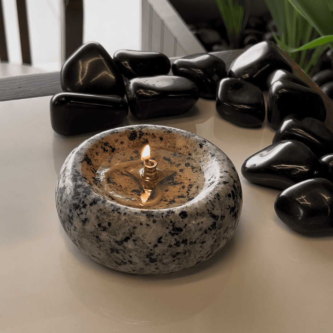 Granite Stone Diya with Brass Wick Holder