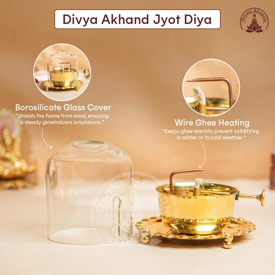 Divya Akhand Jyot Diya with Wick Lifting & Flame Control – Brass + Glass (300 ml)