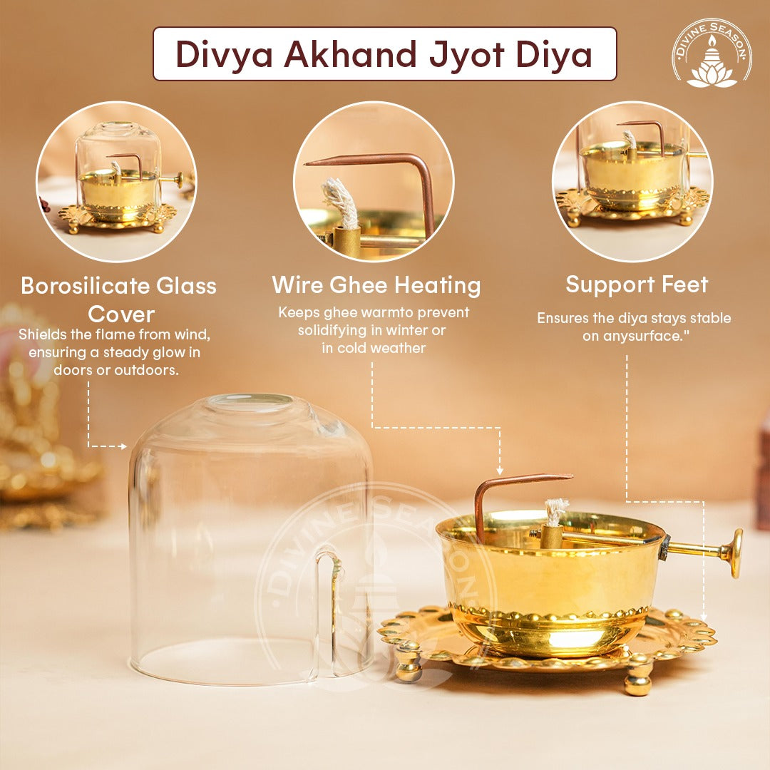 Divya Akhand Jyot Diya with Wick Lifting & Flame Control – Brass + Glass (300 ml)