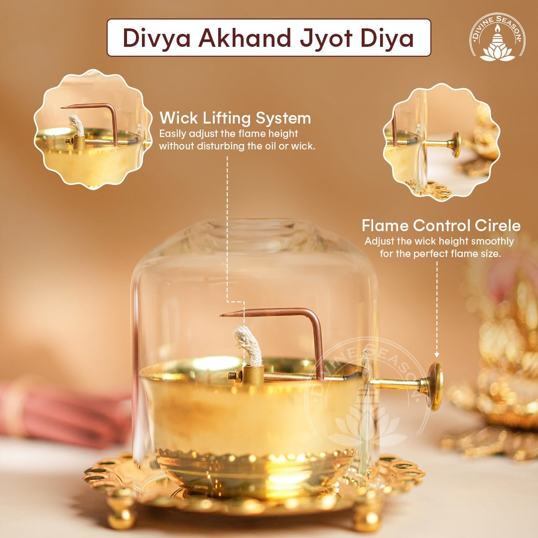 Divya Akhand Jyot Diya with Wick Lifting & Flame Control – Brass + Glass (300 ml)
