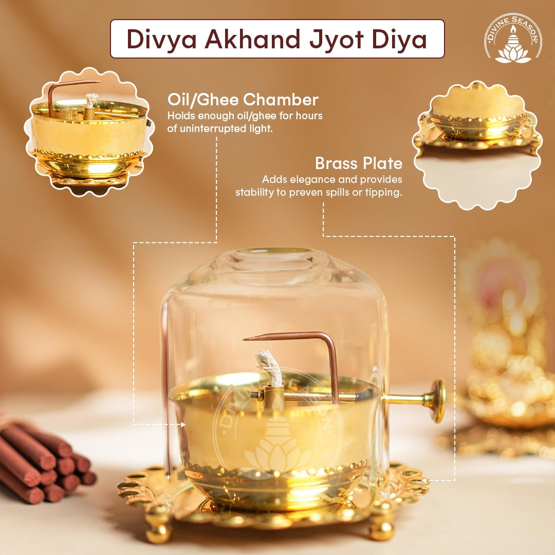 Divya Akhand Jyot Diya with Wick Lifting & Flame Control – Brass + Glass (300 ml)
