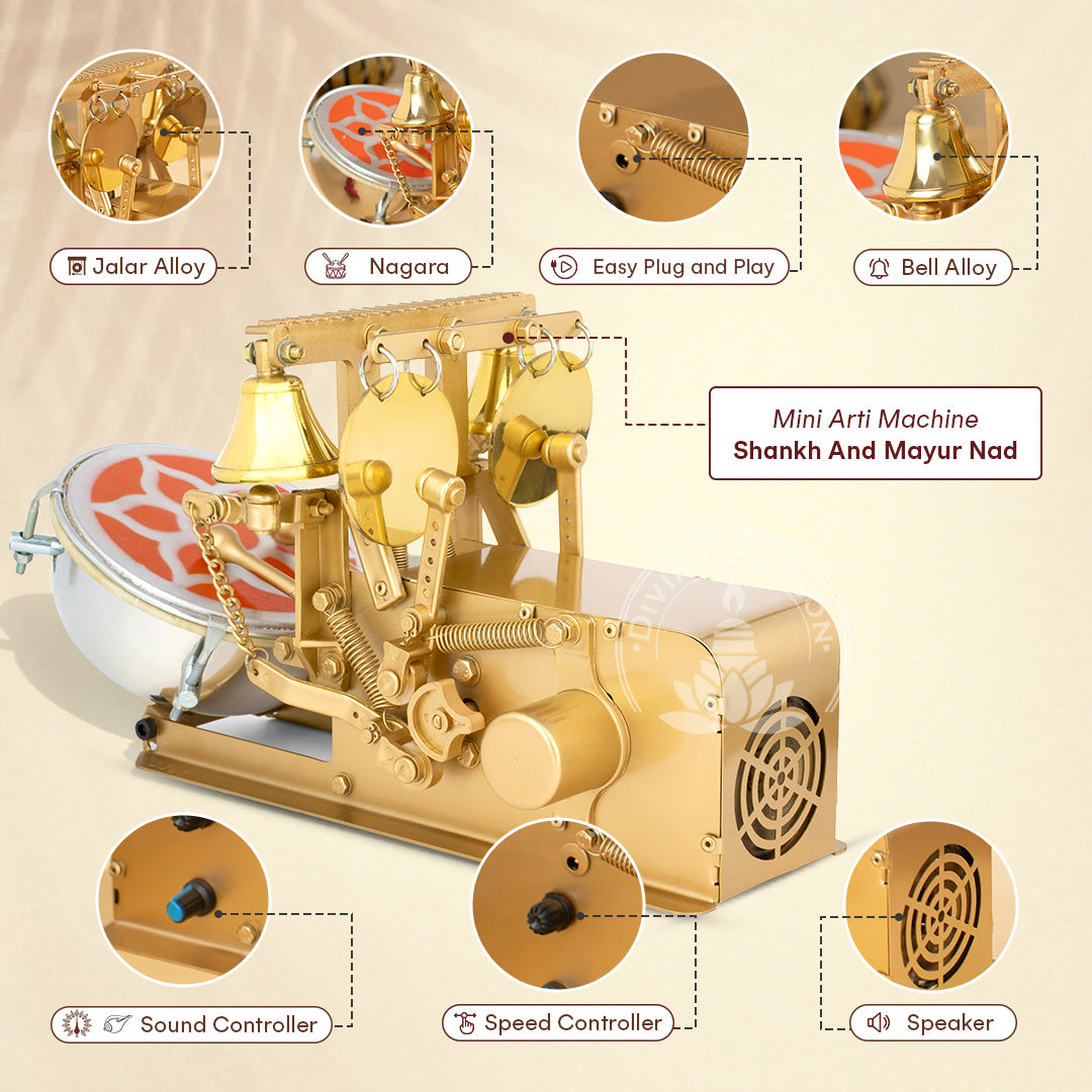 Shankh + Mayur Automatic Aarti Machine – Temple Bells, Jalar & Drum with Shankh and Mayur Naad