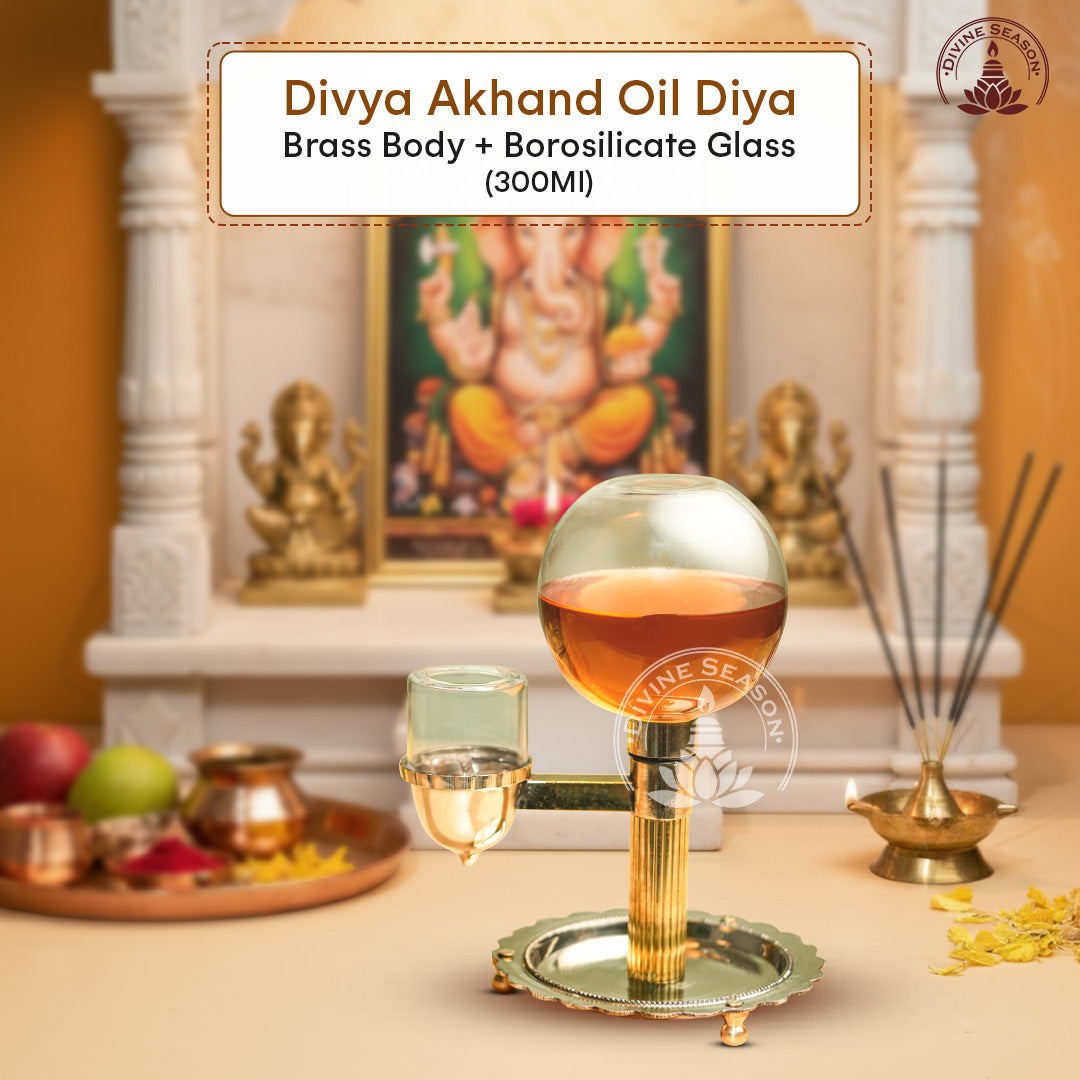 Oil Akhand Diya for Pooja – Brass & Borosilicate Glass, Long-Lasting Flame