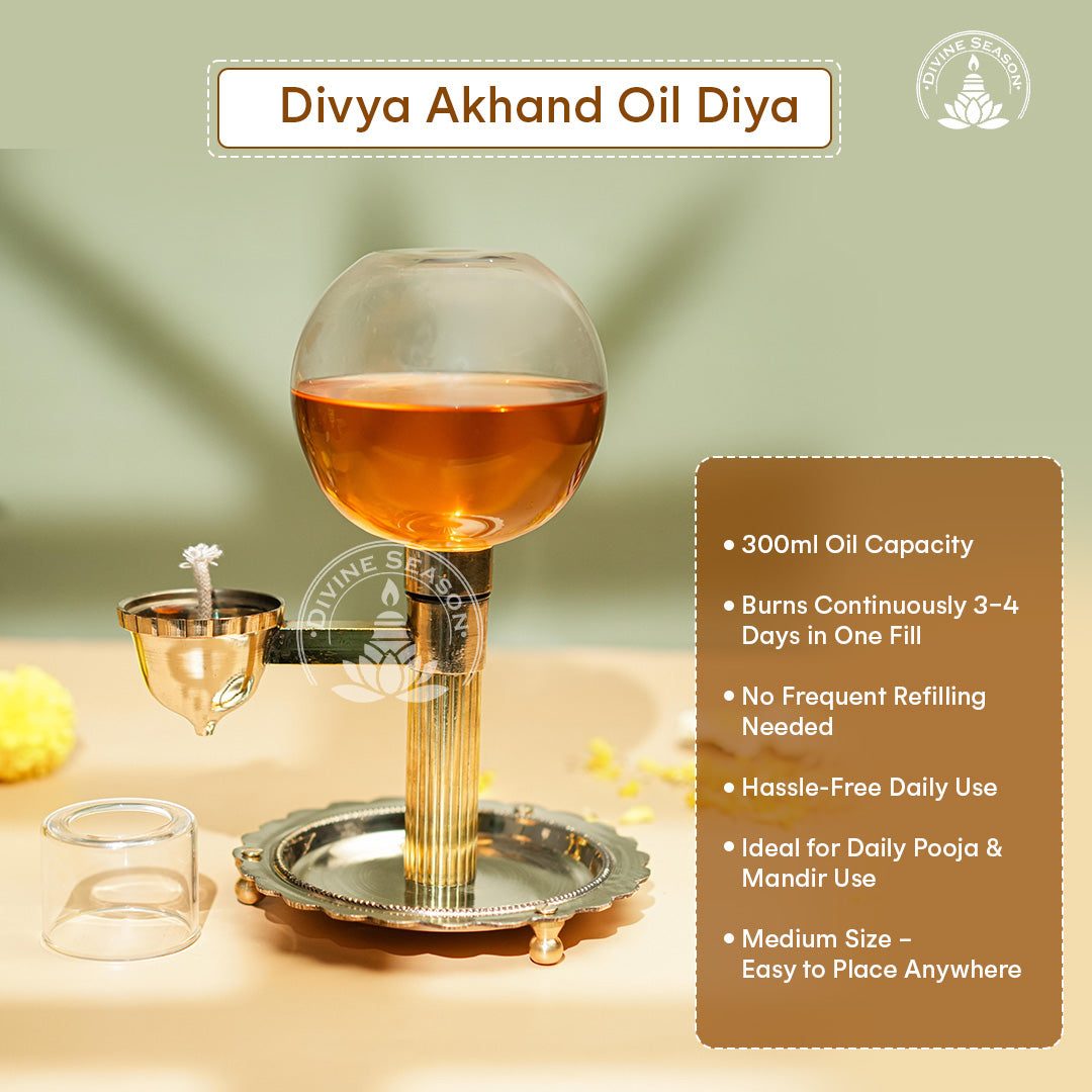 Oil Akhand Diya for Pooja – Brass & Borosilicate Glass, Long-Lasting Flame