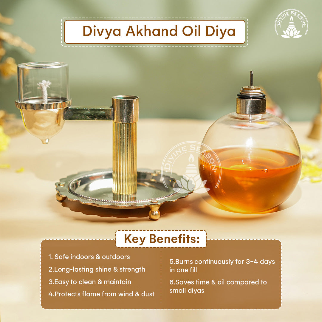 Oil Akhand Diya for Pooja – Brass & Borosilicate Glass, Long-Lasting Flame