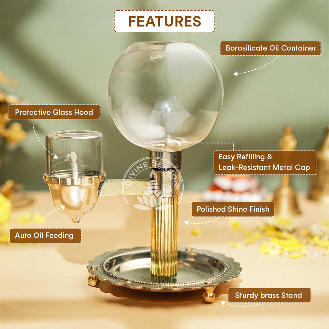 Oil Akhand Diya for Pooja – Brass & Borosilicate Glass, Long-Lasting Flame