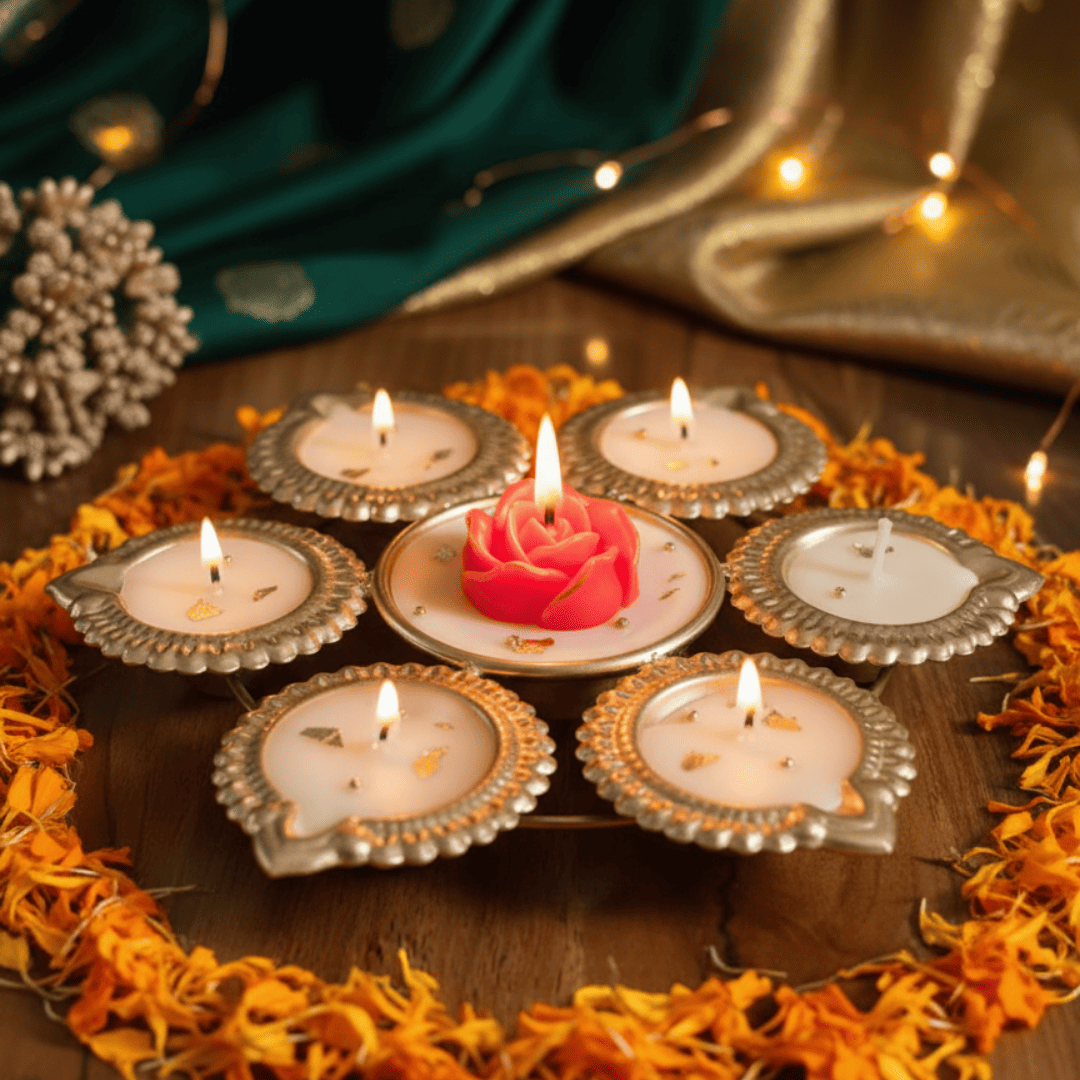 Urli Candle with 7 Diyas & Rose Centerpiece – Luxury Festive Decoration