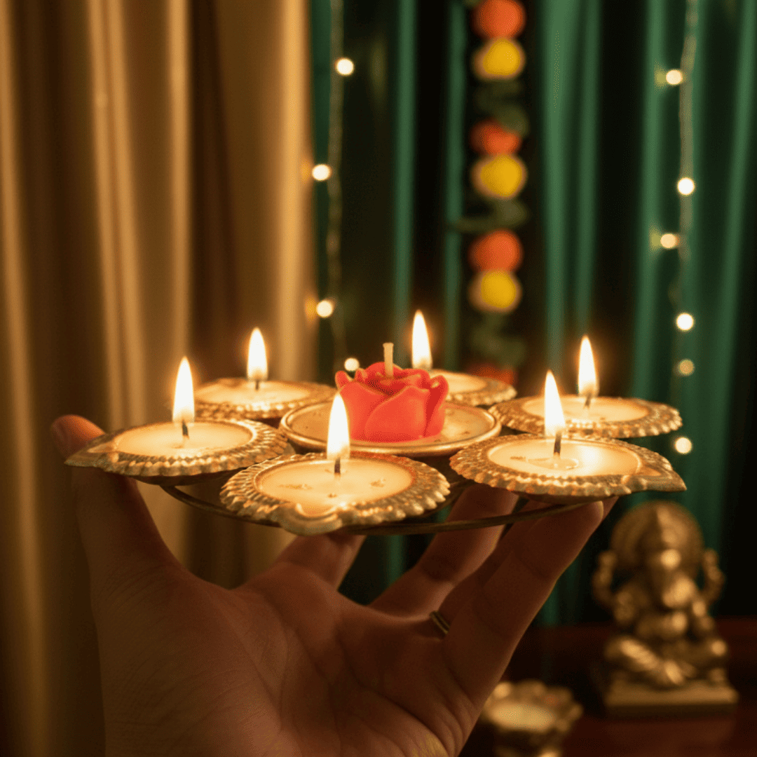 Urli Candle with 7 Diyas & Rose Centerpiece – Luxury Festive Decoration