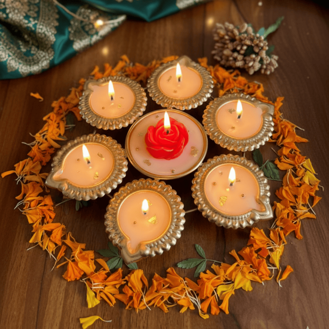 Urli Candle with 7 Diyas & Rose Centerpiece – Luxury Festive Decoration