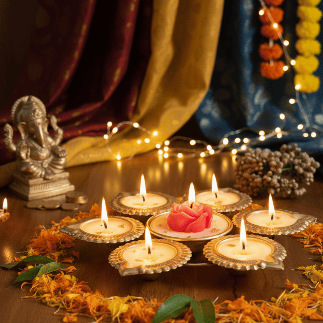 Urli Candle with 7 Diyas & Rose Centerpiece – Luxury Festive Decoration