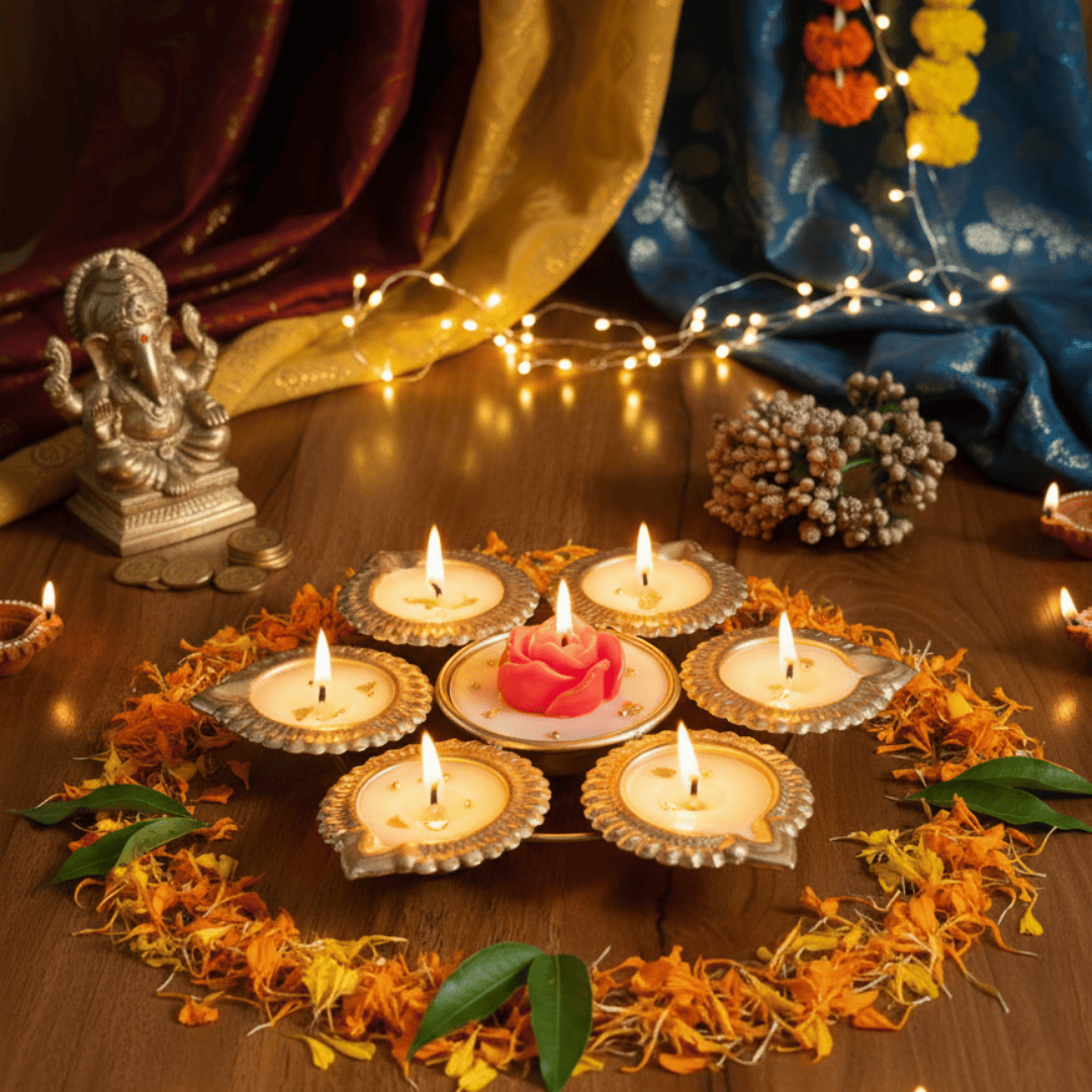 Urli Candle with 7 Diyas & Rose Centerpiece – Luxury Festive Decoration