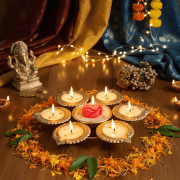 Urli Candle with 7 Diyas & Rose Centerpiece – Luxury Festive Decoration
