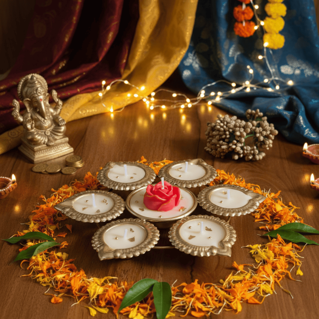 Urli Candle with 7 Diyas & Rose Centerpiece – Luxury Festive Decoration
