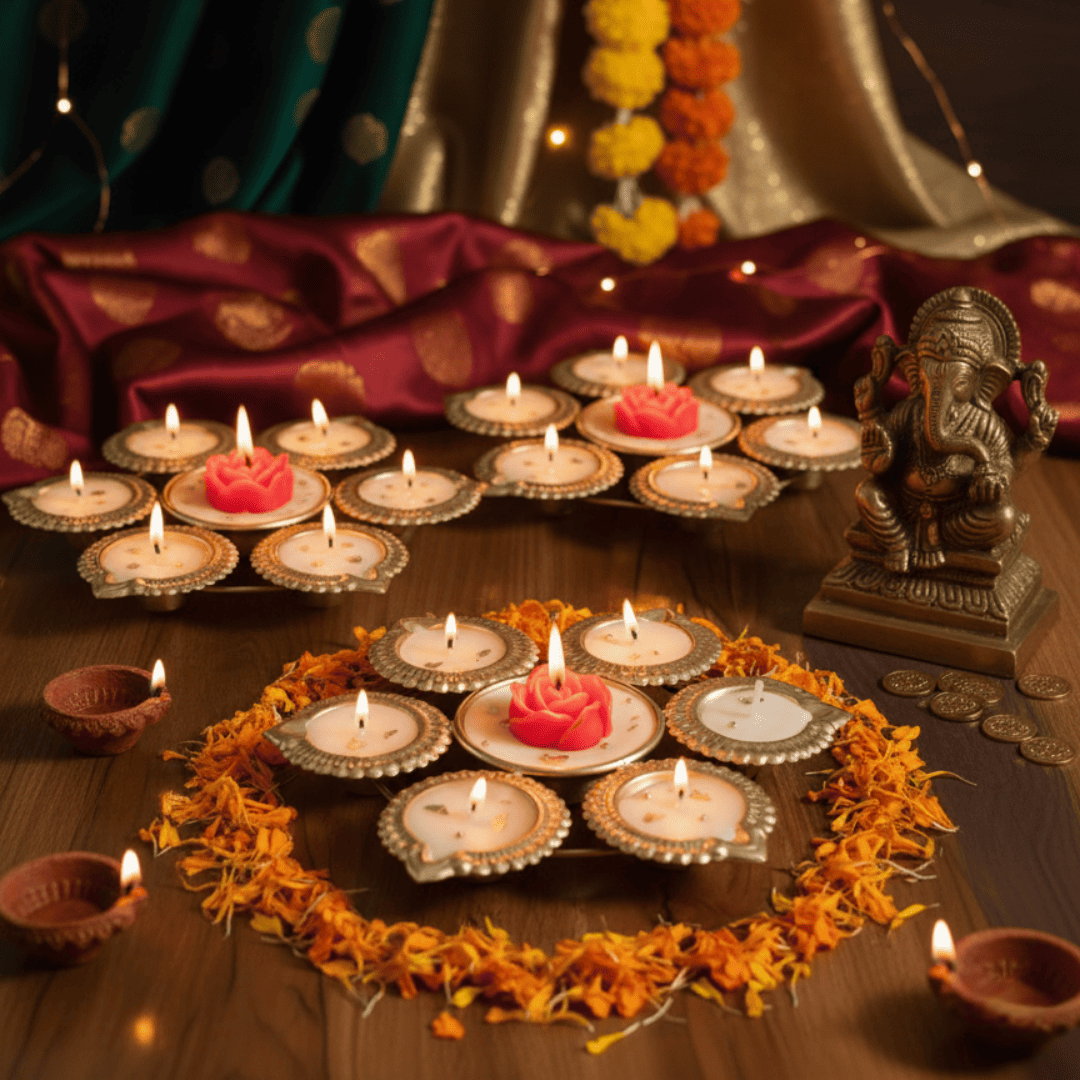Urli Candle with 7 Diyas & Rose Centerpiece – Luxury Festive Decoration