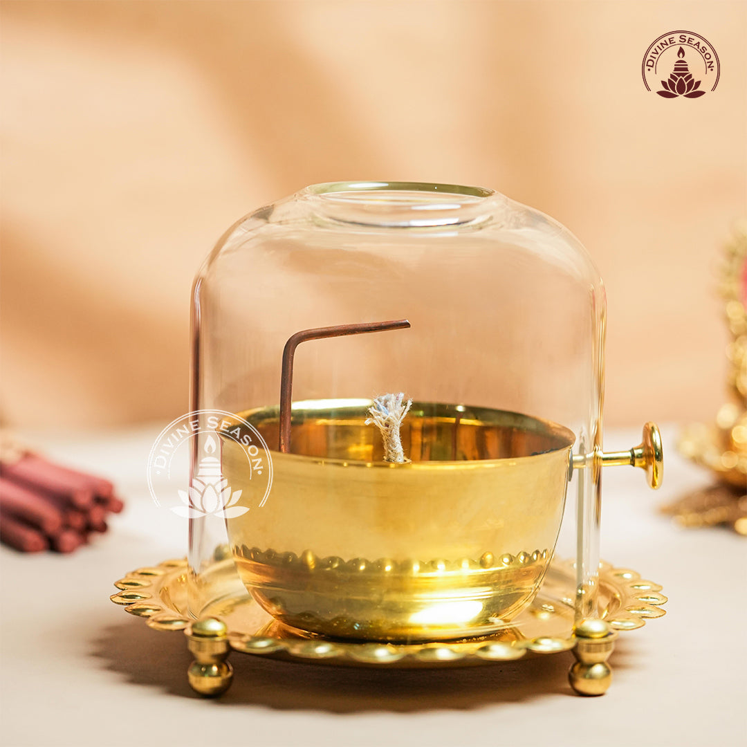 Divya Akhand Jyot Diya with Wick Lifting & Flame Control – Brass + Glass (300 ml)