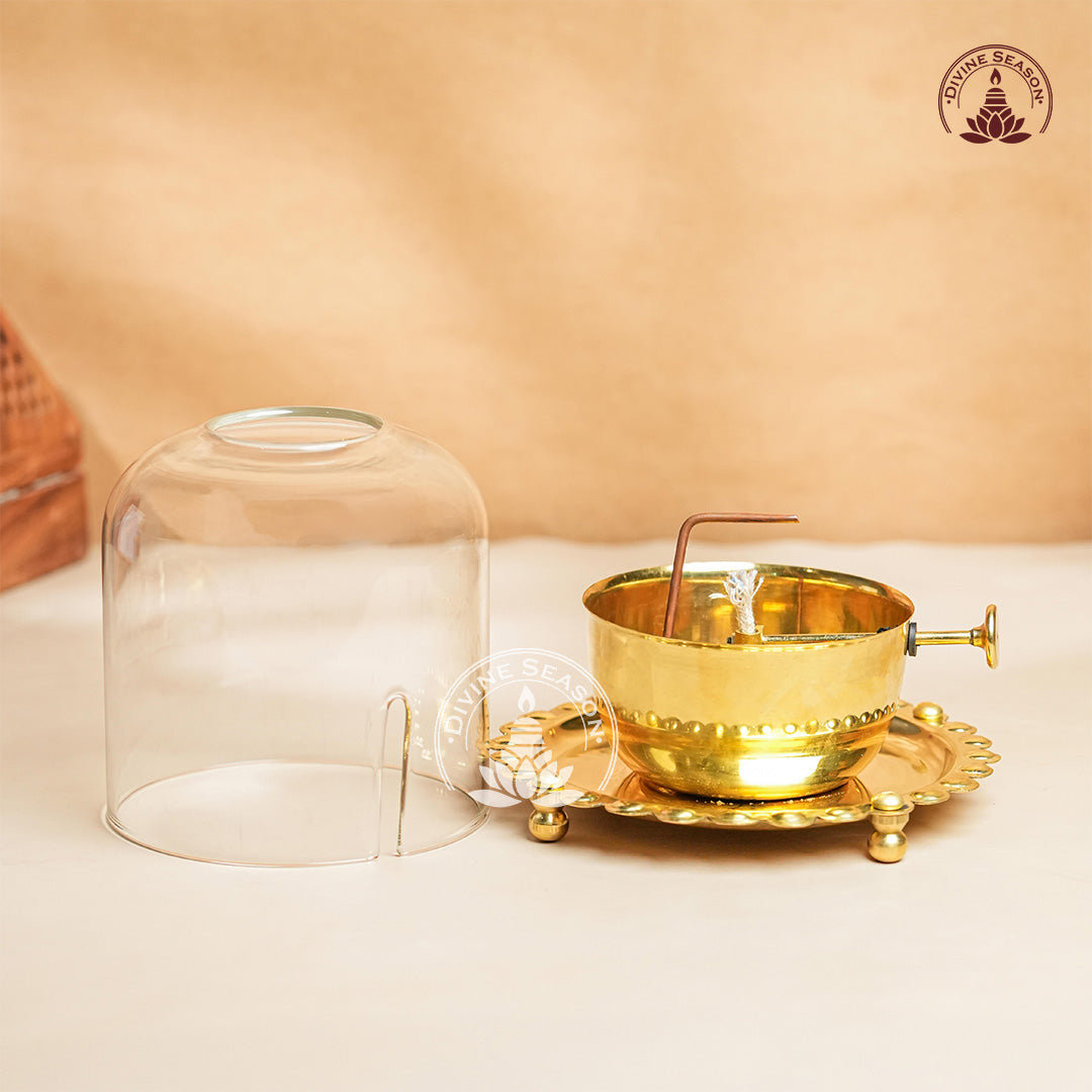 Divya Akhand Jyot Diya with Wick Lifting & Flame Control – Brass + Glass (300 ml)