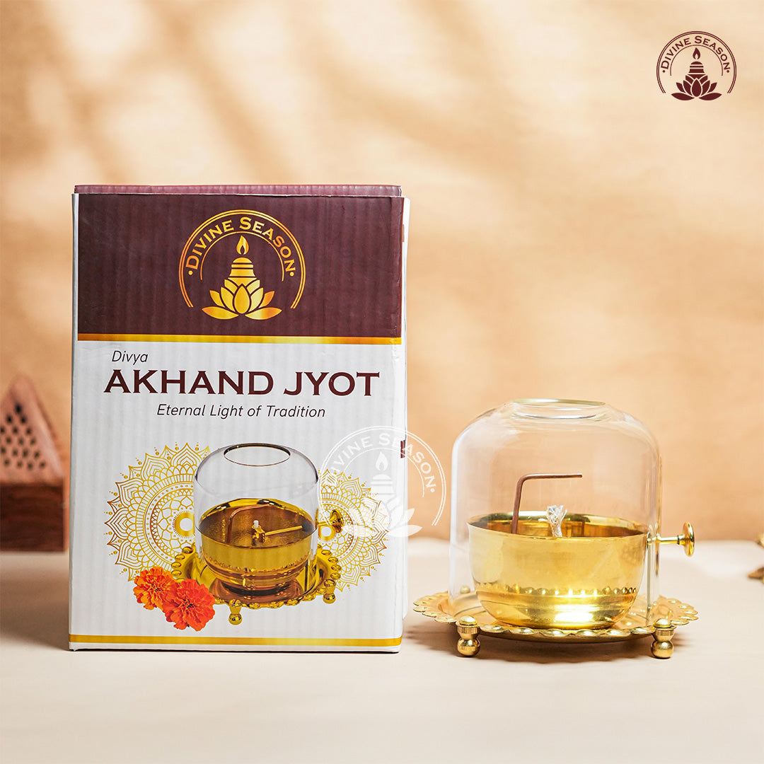 Divya Akhand Jyot Diya with Wick Lifting & Flame Control – Brass + Glass (300 ml)
