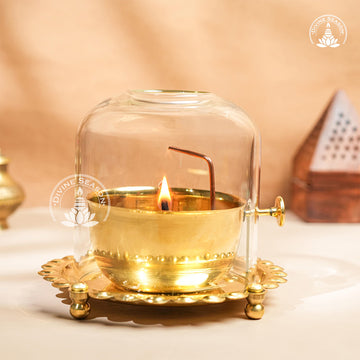Divya Akhand Jyot Diya with Wick Lifting & Flame Control – Brass + Glass (300 ml)