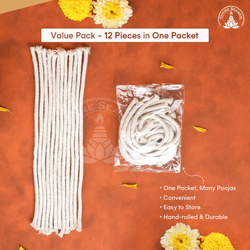 Akhand Diya Long Cotton Wicks – 12 Pieces, 7.5 Inch Pooja Batti Packet