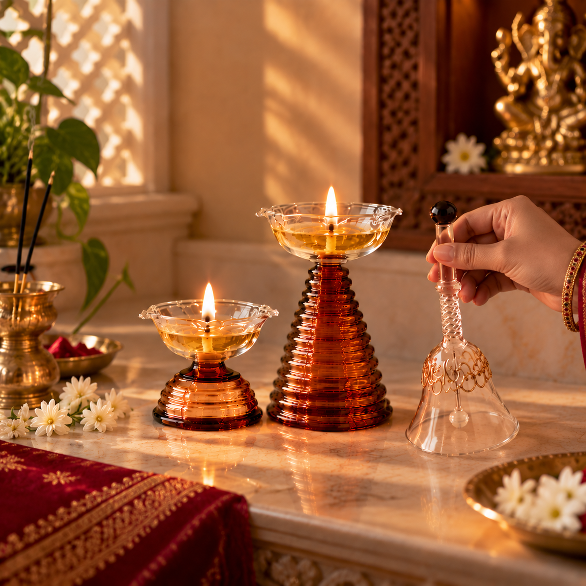 Premium Glass Diya & Bell Set of 3 for Pooja, Diwali & Home Temple Decor