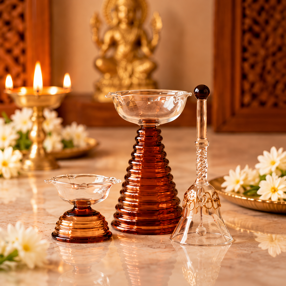 Premium Glass Diya & Bell Set of 3 for Pooja, Diwali & Home Temple Decor