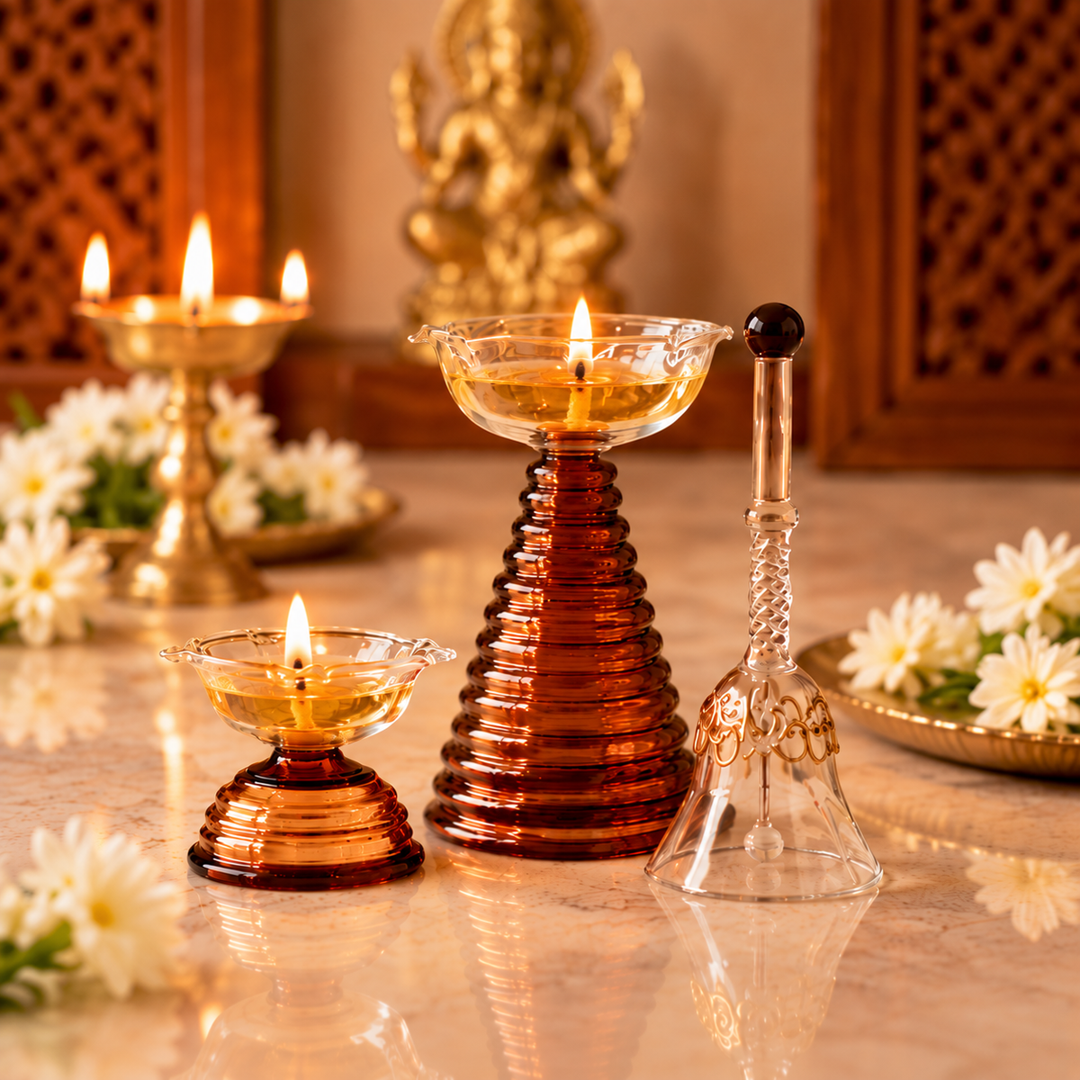 Premium Glass Diya & Bell Set of 3 for Pooja, Diwali & Home Temple Decor
