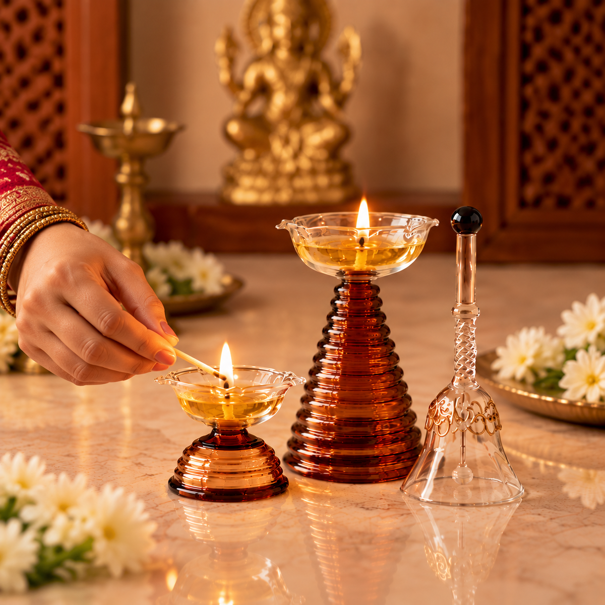 Premium Glass Diya & Bell Set of 3 for Pooja, Diwali & Home Temple Decor