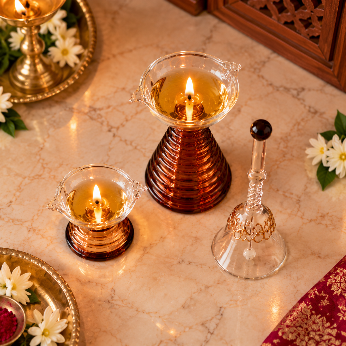 Premium Glass Diya & Bell Set of 3 for Pooja, Diwali & Home Temple Decor