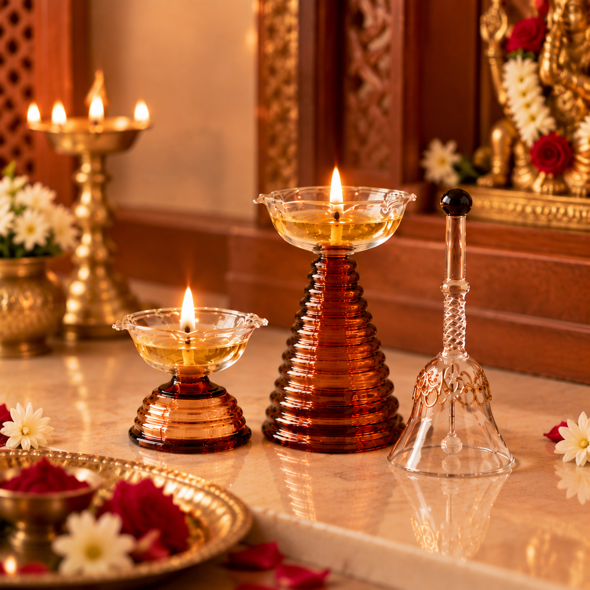 Premium Glass Diya & Bell Set of 3 for Pooja, Diwali & Home Temple Decor